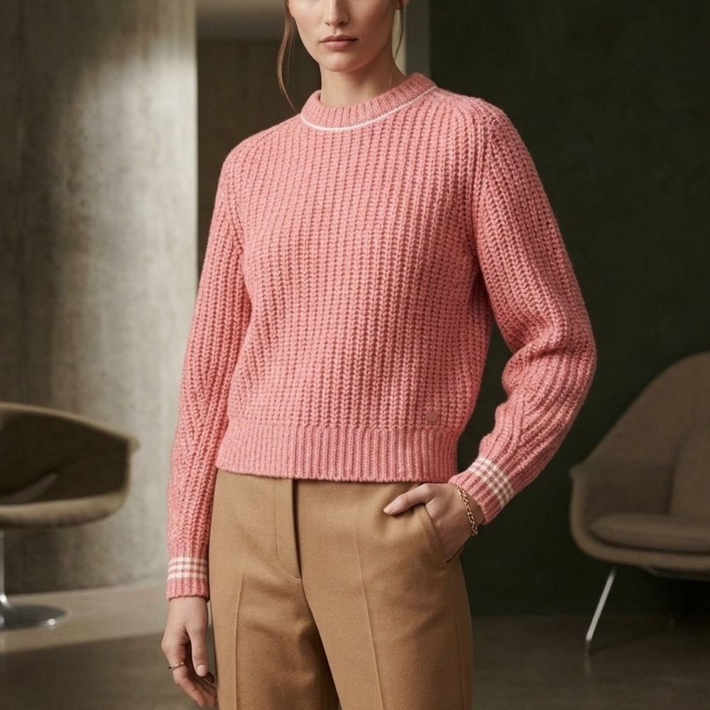 Rag & Bone Cheryl Crew Pink Multi Merino Wool Knit Sweater Striped Cuffs Size S